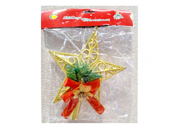 Верхушка  арт. 25DH17-502 Звезда золотая с цветком, красным бантом в пак.