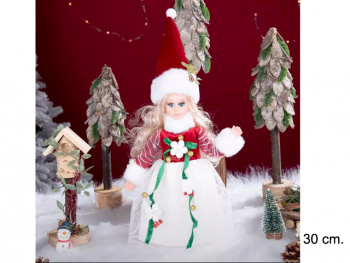 Снегурочка арт. 23C2312-601 В бело-красной шубке с цветами 30 см в кор.