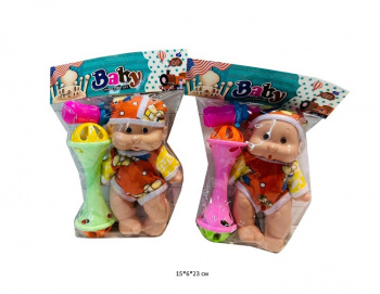 Пупс арт. 833 Маленький с погремушкой, бутылочкой ассорти в пак.• Пупс арт. 833 Маленький с погремушкой, бутылочкой ассорти в пак.•