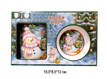 Подарочный набор арт. Q30E-502 Чайная пара с ложкой Снеговик керамика в кор.