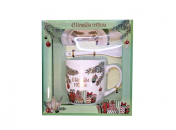 Подарочный набор арт. HK2201E-502 Чайная пара с ложкой "С новым годом!" керамика в кор.