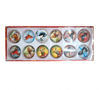 Магнит арт. 50-502 Лошадь круглый 5 см с пожеланием ассорти Набор 12 шт. в кор.