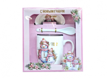 Подарочный набор арт. HK2172E-502 Чайная пара с ложкой "Снеговики" керамика в кор.